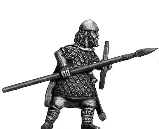 100DAK016a Geat thegn great iron bound shield and spear: action pose