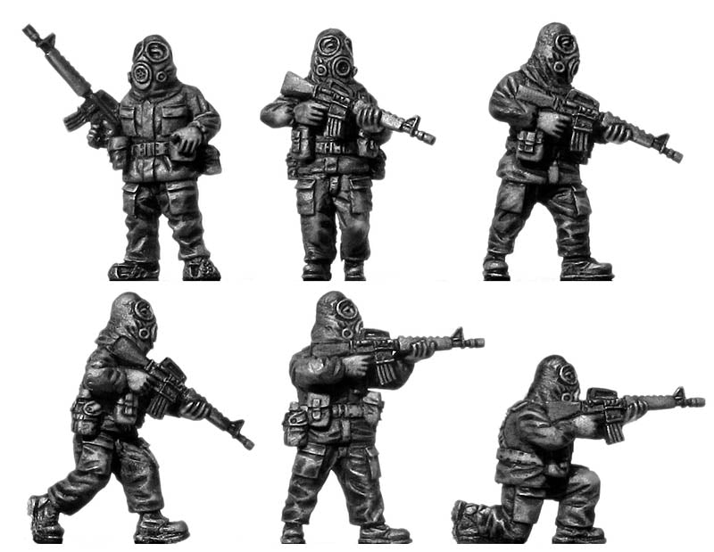 1960-80s US trooper in MOPP gear with M-16 assault rifle