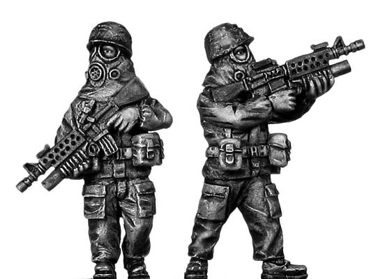 1960-80s US trooper in MOPP gear and helmet with M16/M203 grenade launcher.