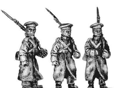 Russian infantry in greatcoat and cap, marching