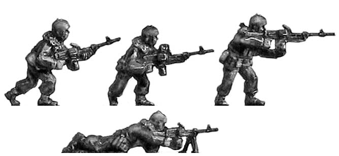 Russian MVD infantry, maska helmet, firing or advancing with light machine gun