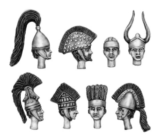 Bronze Age Greek strip of 4 helmets and heads