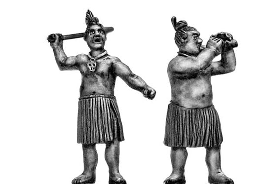 Maori musicians with bullroarer or conch