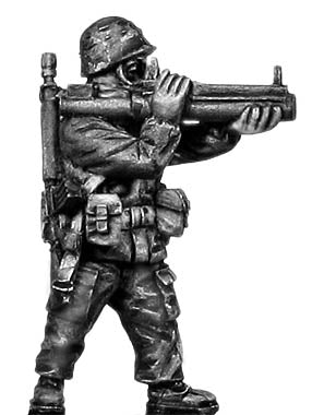 1960-80s US trooper in MOPP gear and helmet with M72 LAW rocket launcher