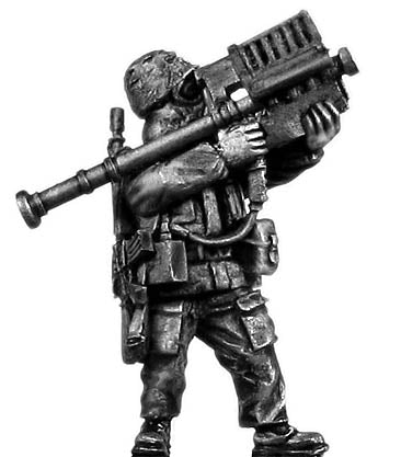 1960-80s US trooper in MOPP gear and helmet with Stinger anti-aircraft missile.