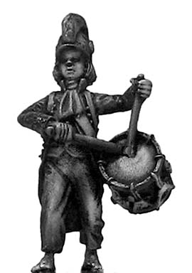Revolutionary France: Drummer, casque, ragged campaign uniform, marching