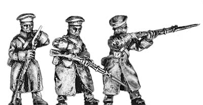 Russian infantry in greatcoat and cap, firing and loading