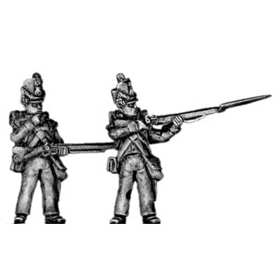 Flank company, firing and loading, shako cords and plume