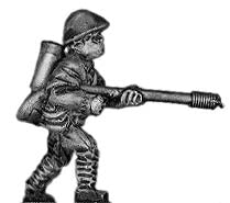 Japanese infantry in helmet with flamethrower, advancing
